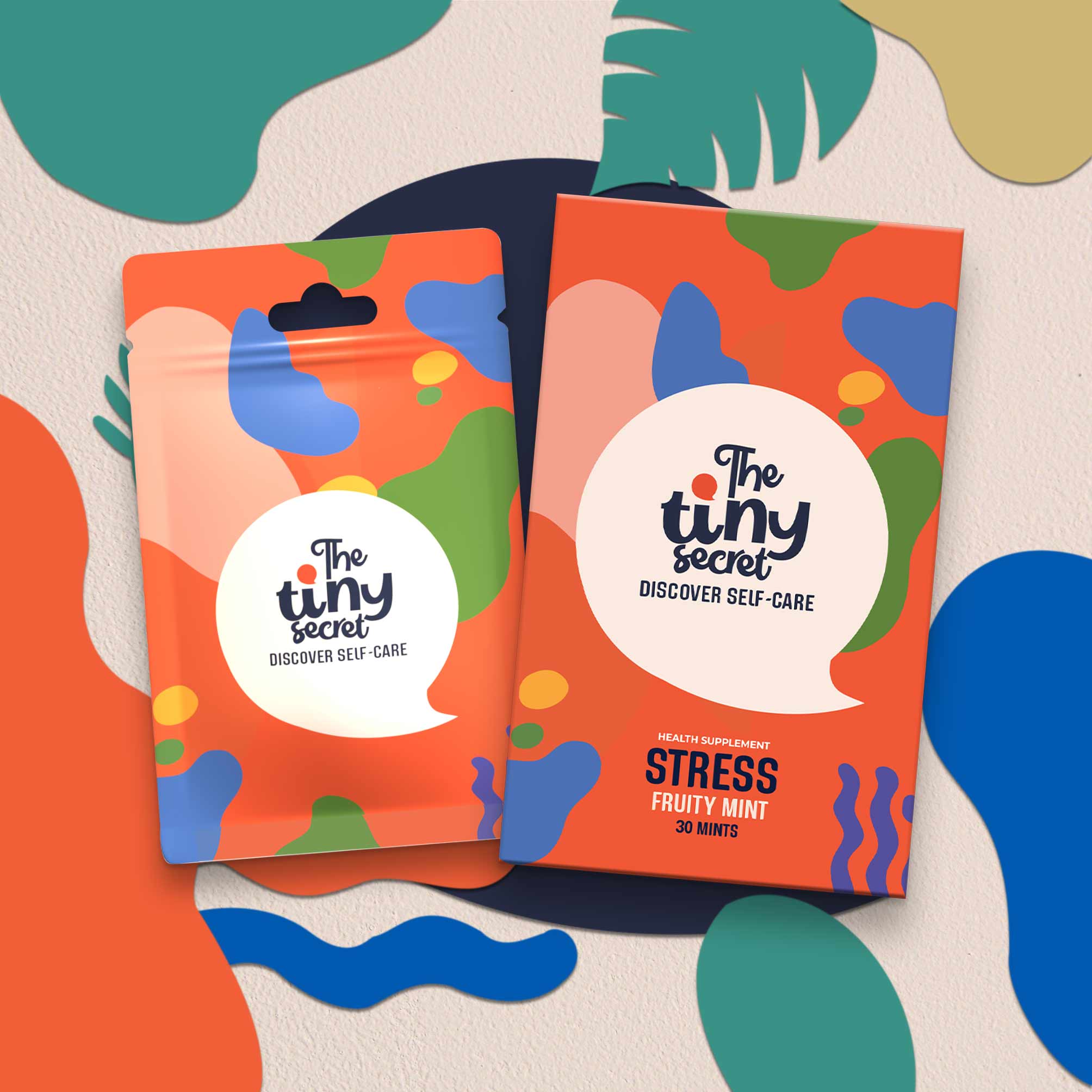 Pack & Sachet of The Tiny Secret's Stress Fruity Mints